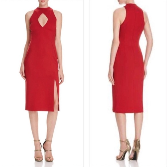Nicholas Ponti Diamond Cut-Out Sleeveless Bodycon Midi Dress Cocktail Red 2 - Picture 1 of 9